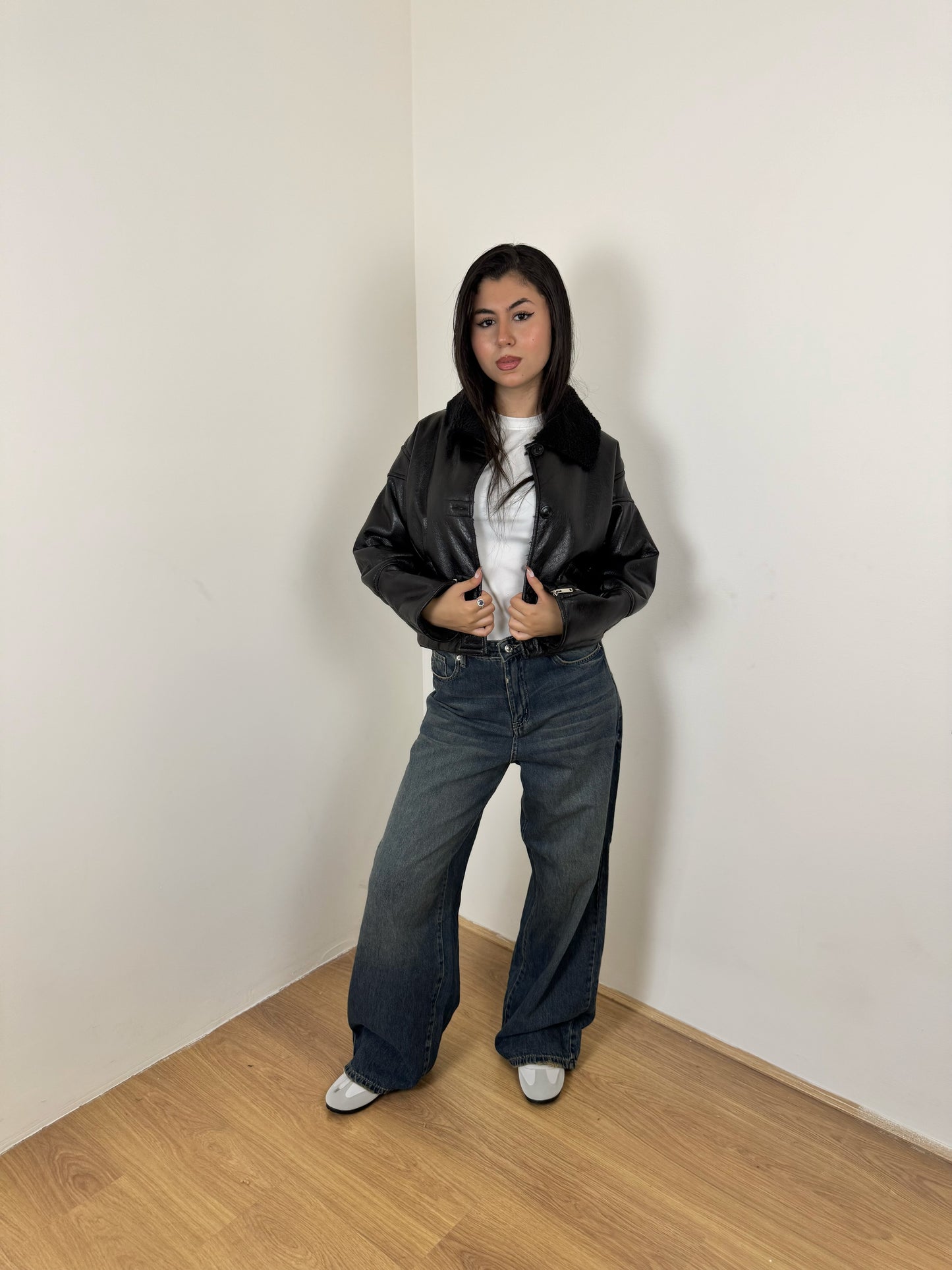 Cropped leather X teddy jacket