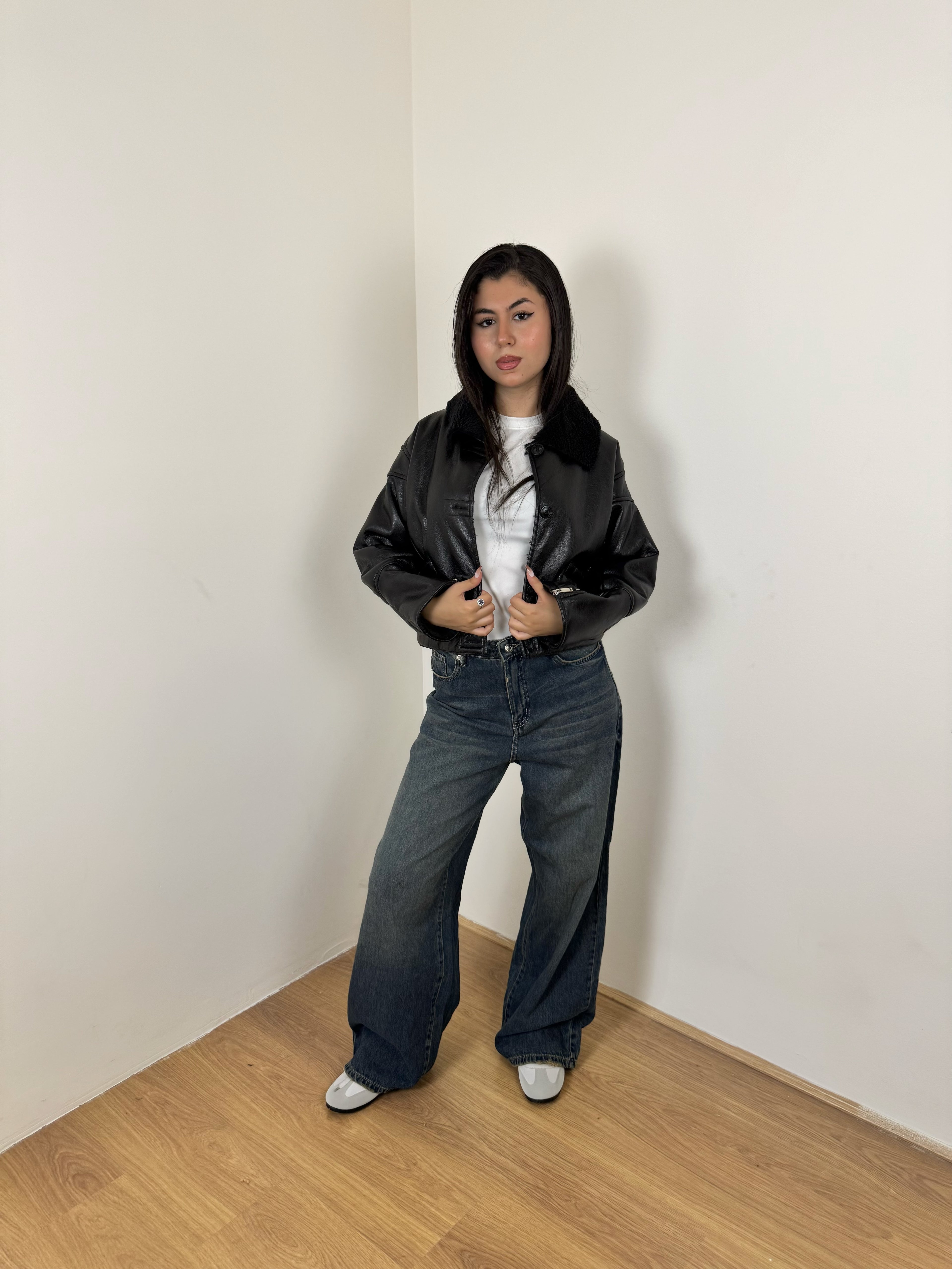 Cropped leather X teddy jacket