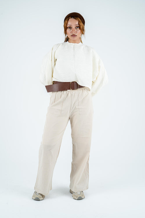 Beige linen wide leg pants