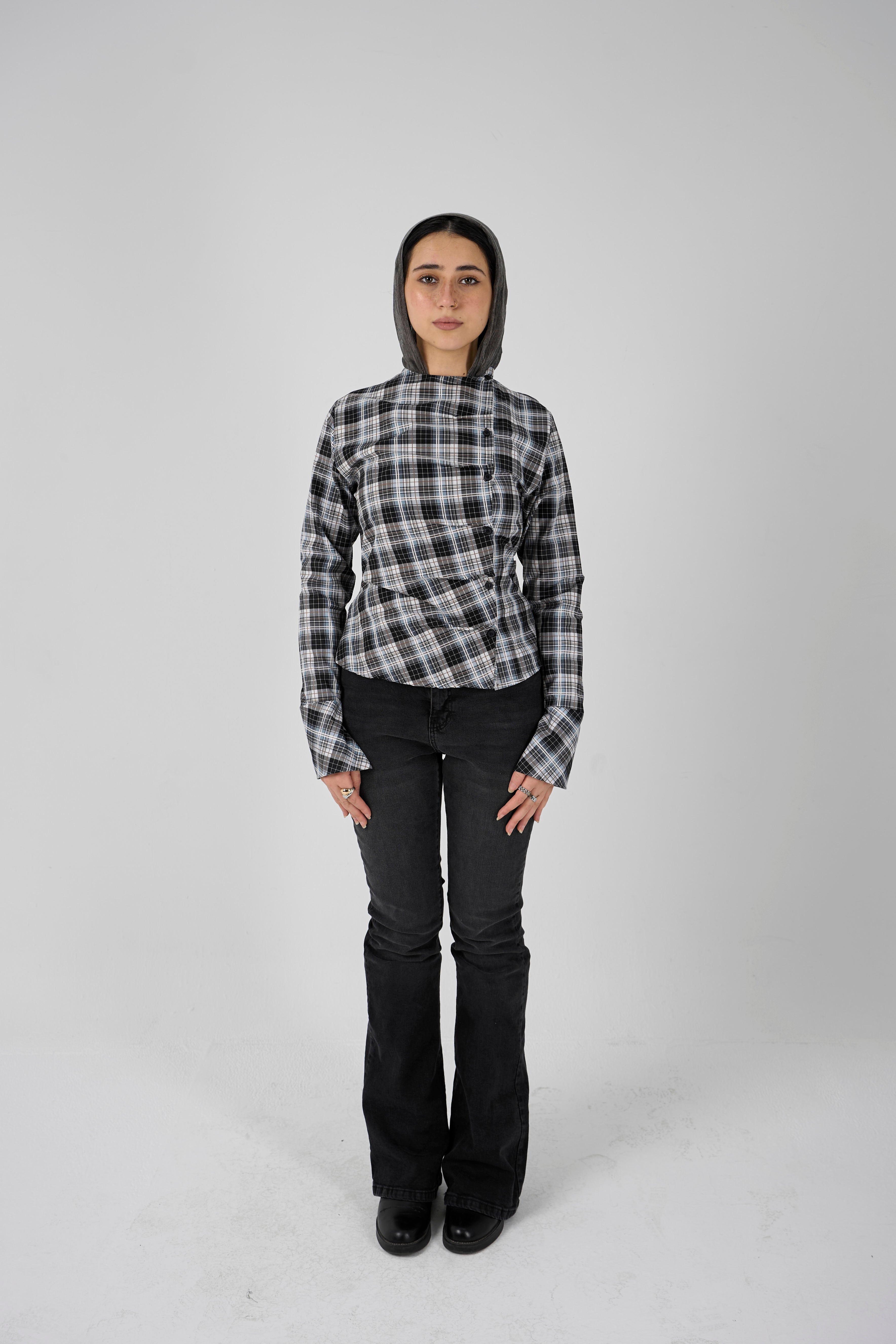Plaid blouse with side buttons - aqua X gray