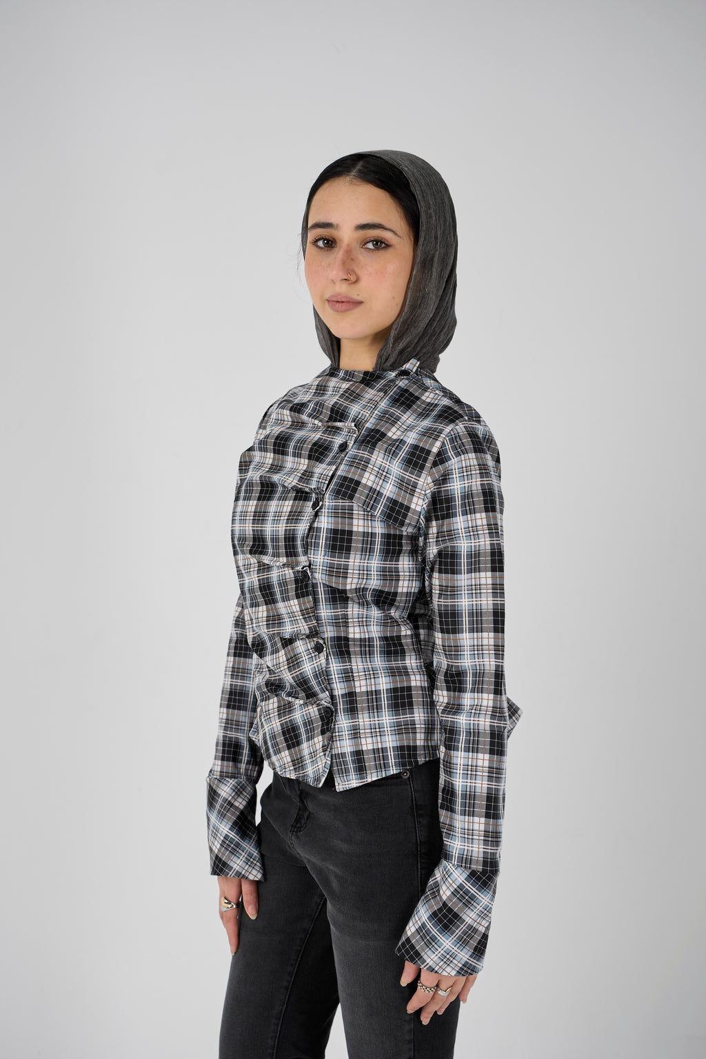 Plaid blouse with side buttons - aqua X gray