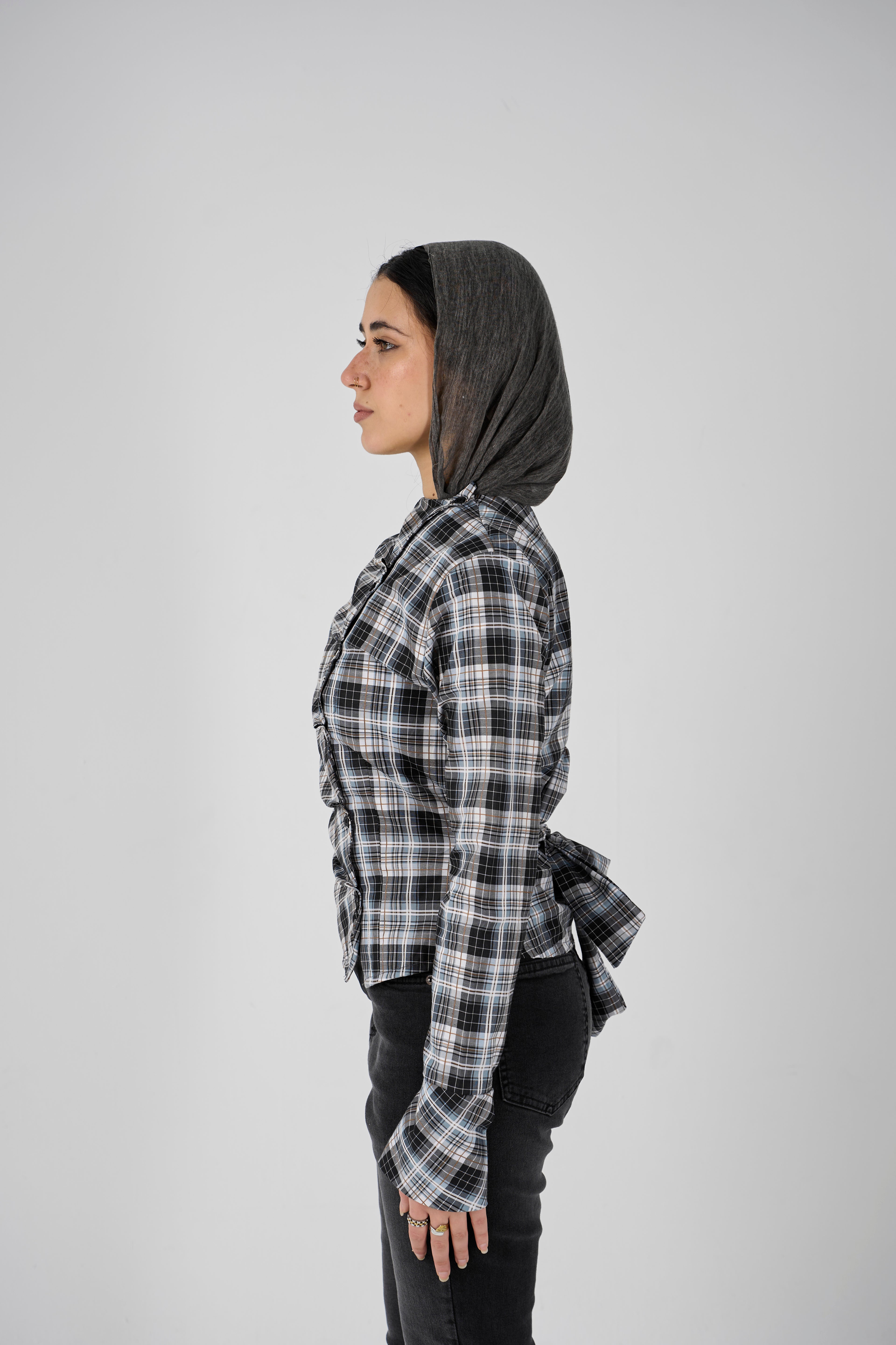 Plaid blouse with side buttons - aqua X gray