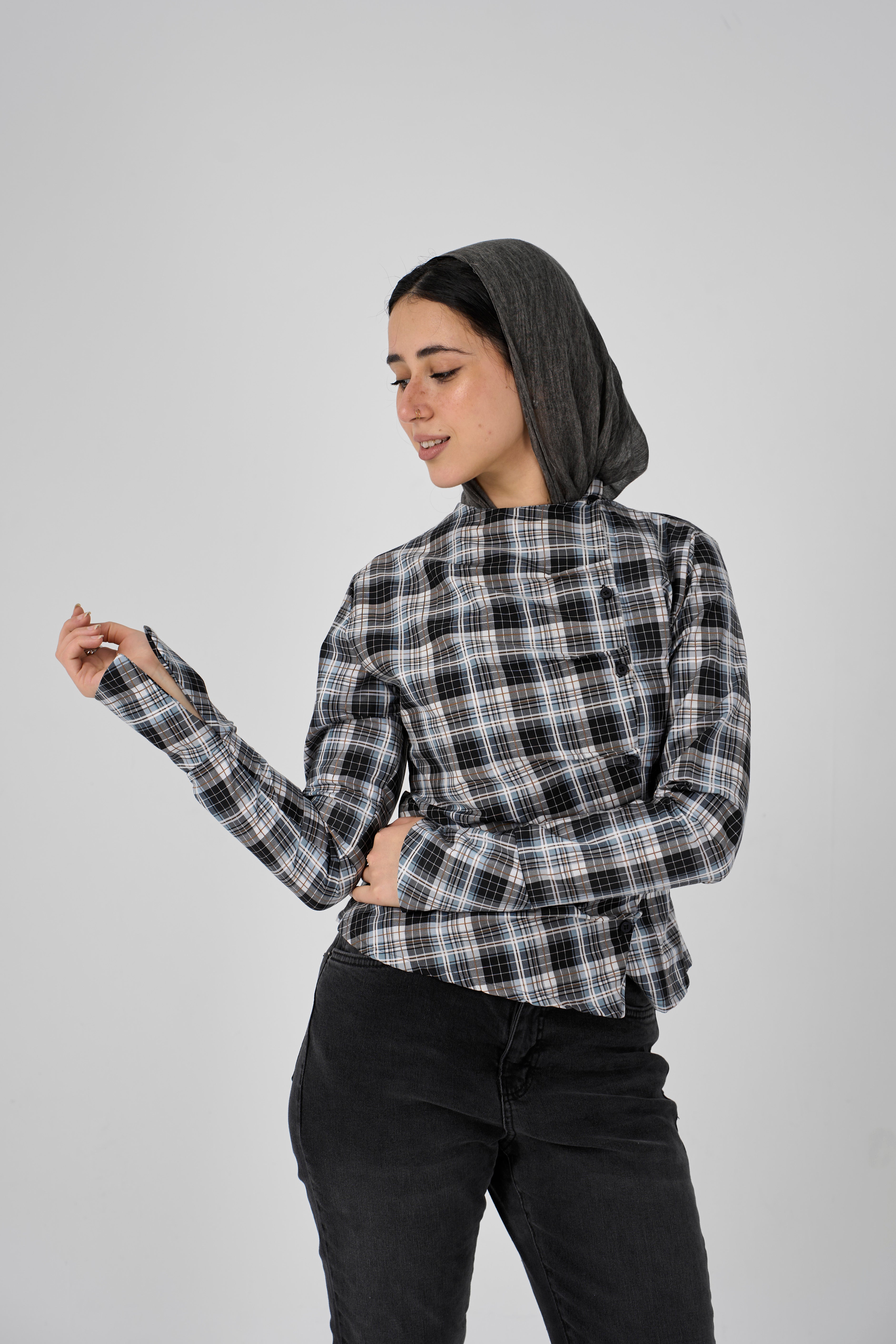 Plaid blouse with side buttons - aqua X gray