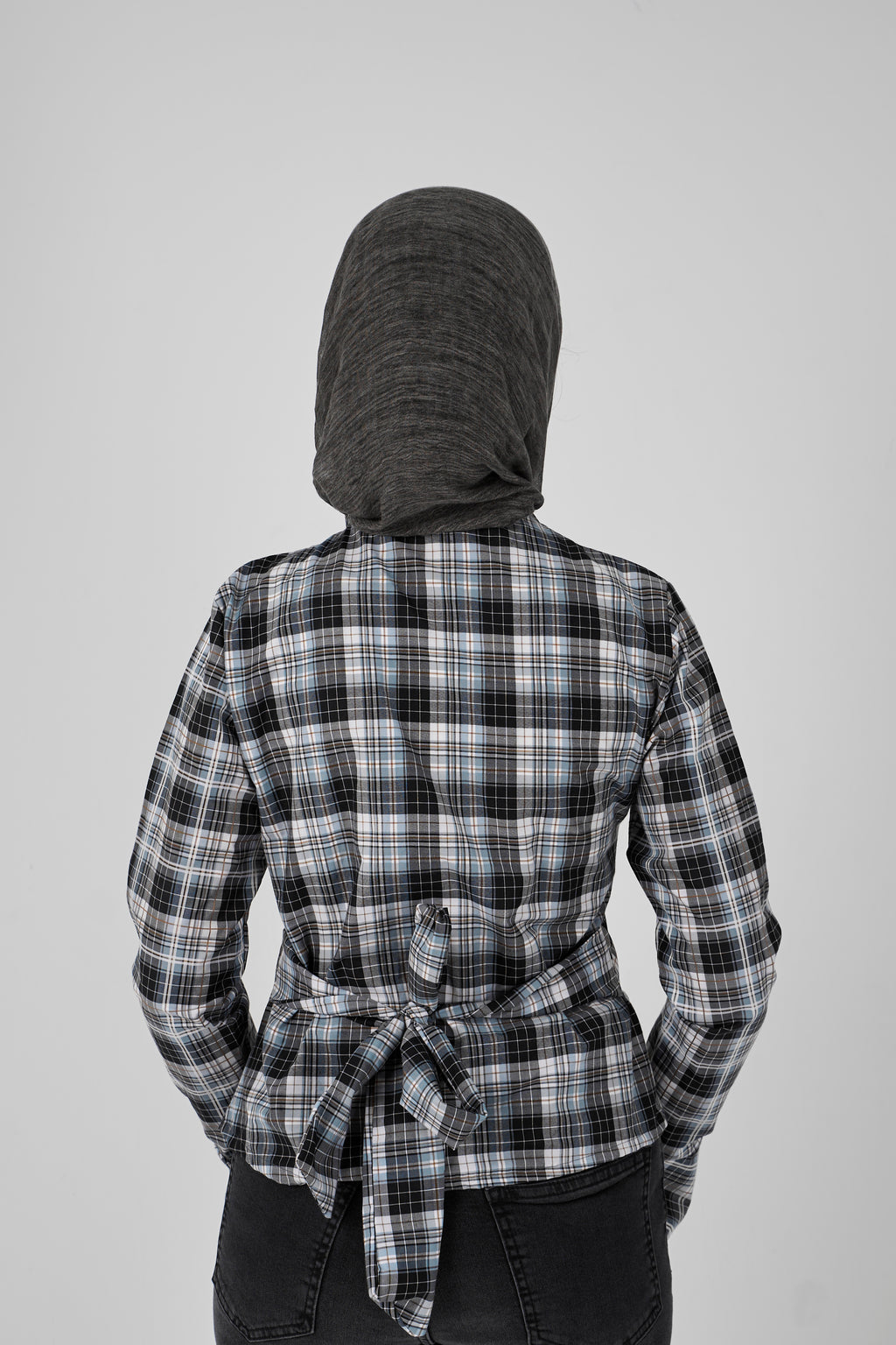 Plaid blouse with side buttons - aqua X gray