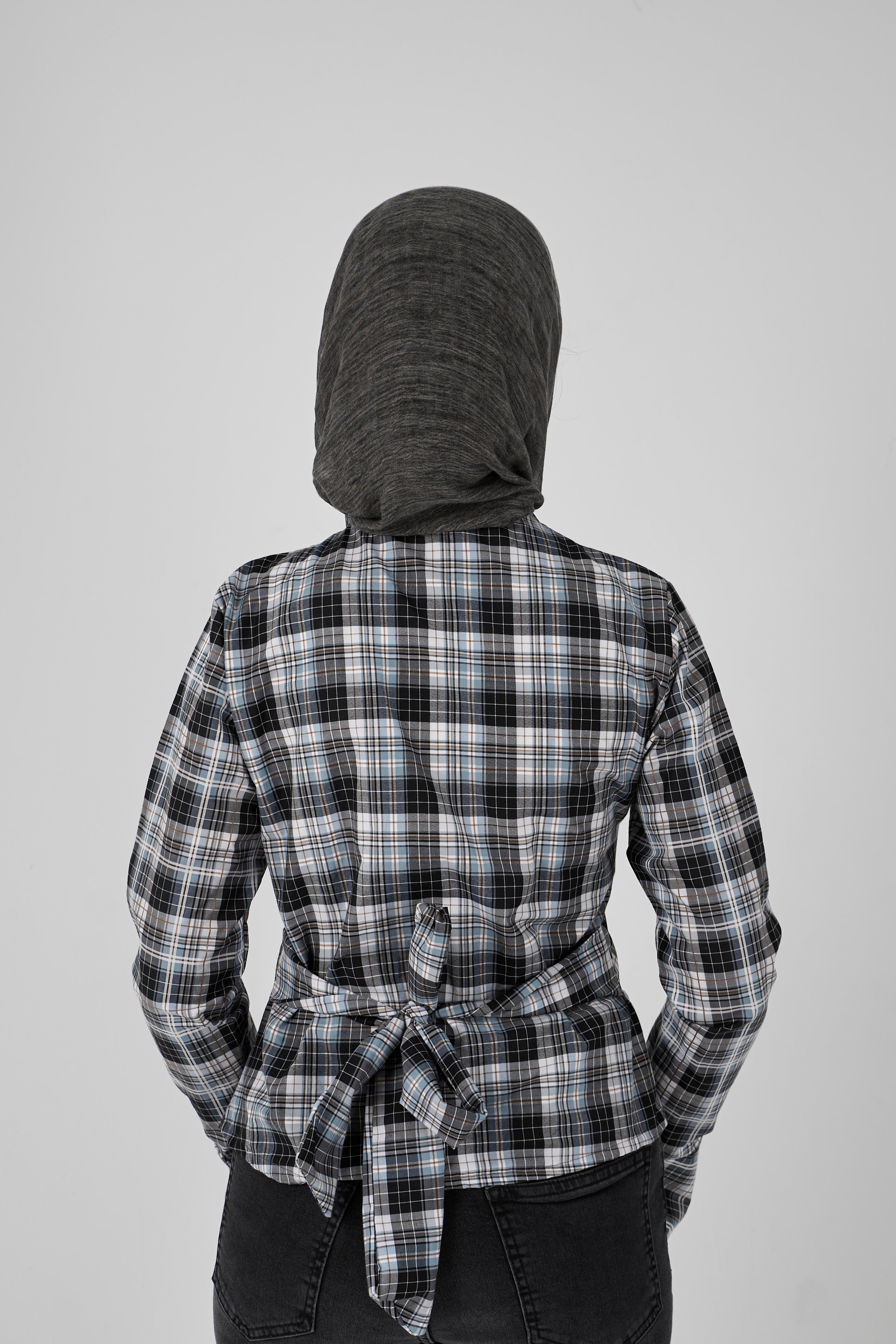 Plaid blouse with side buttons - aqua X gray
