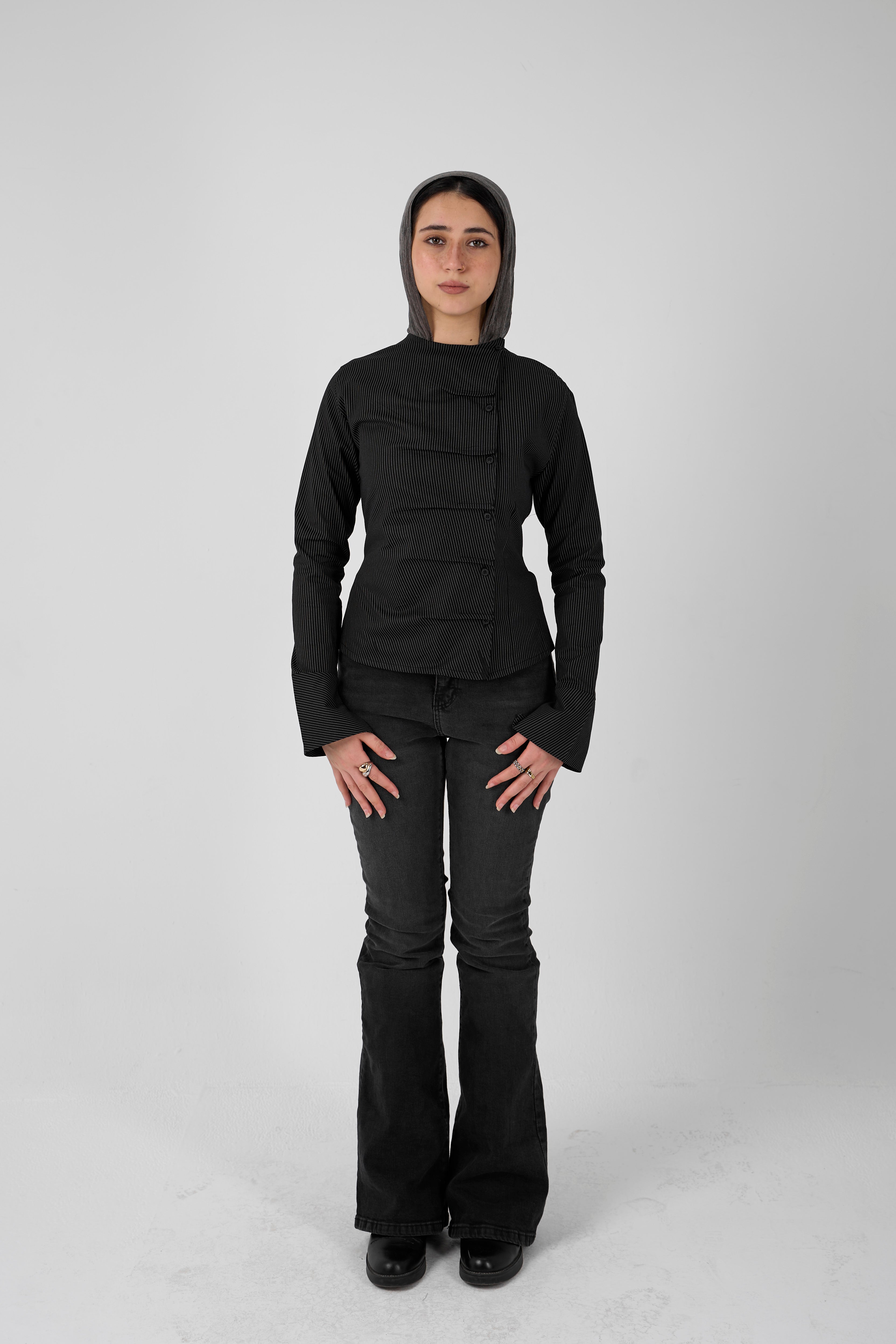 Plaid blouse with side buttons - navy blue