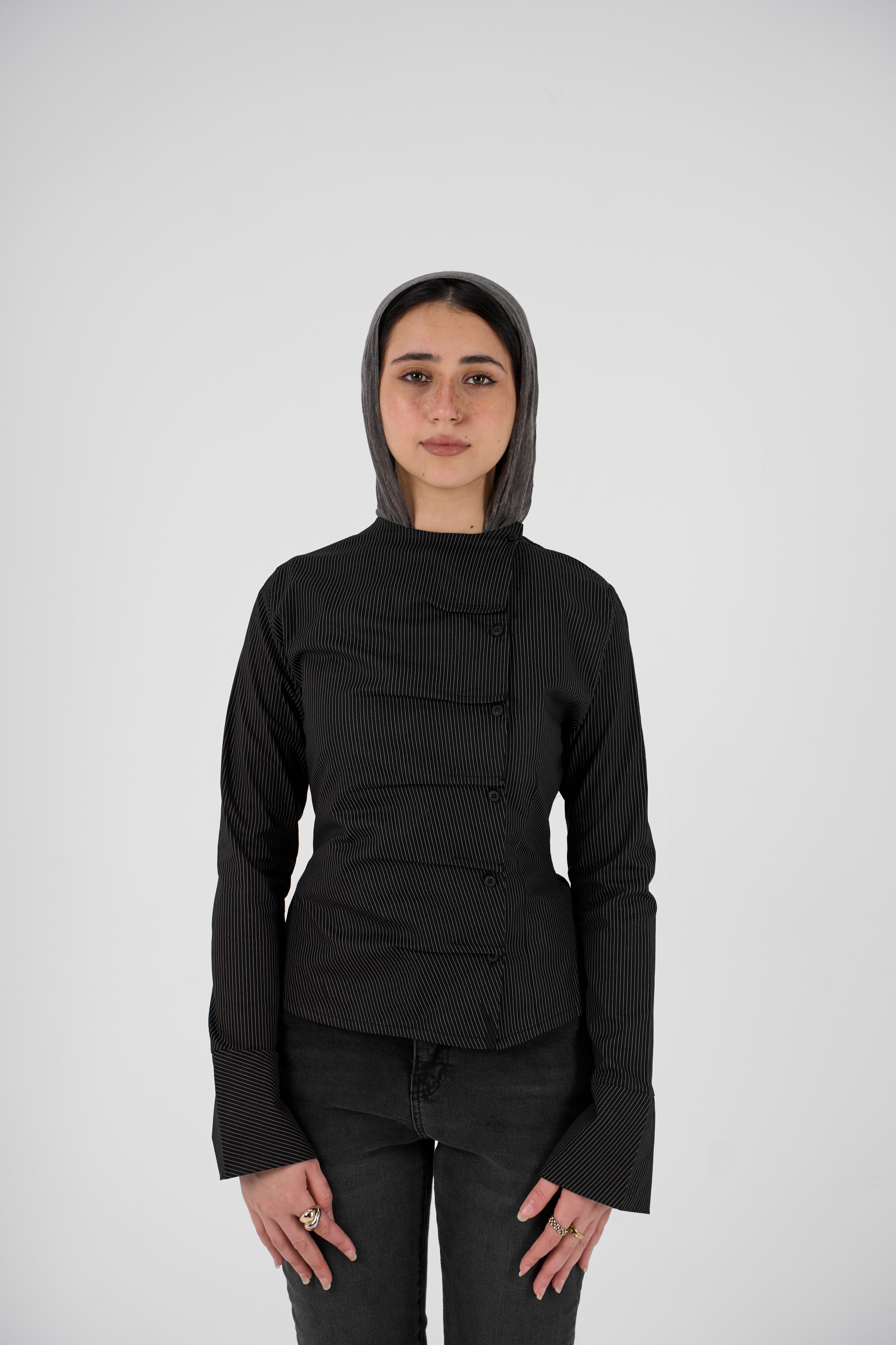 Plaid blouse with side buttons - navy blue