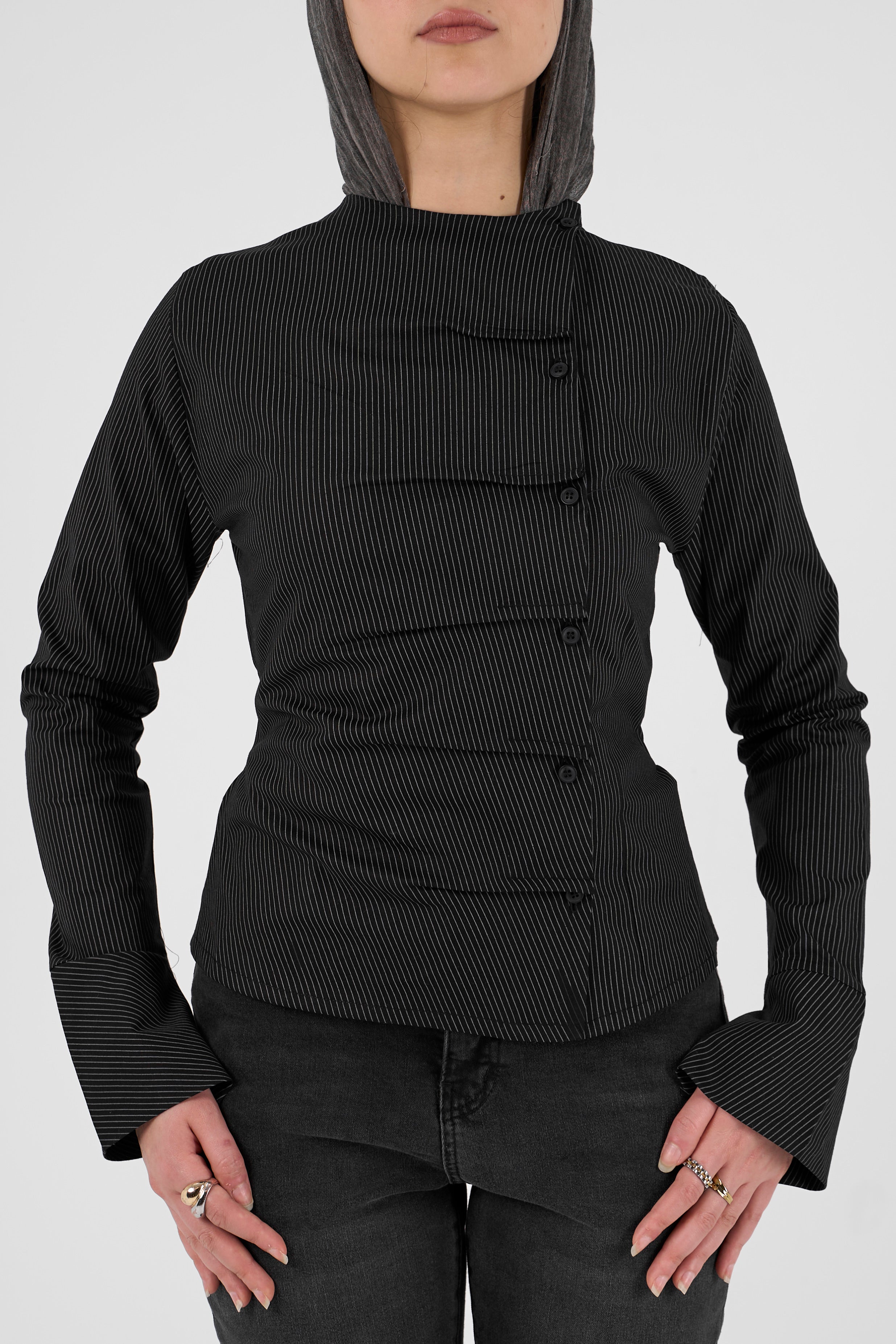 Plaid blouse with side buttons - navy blue