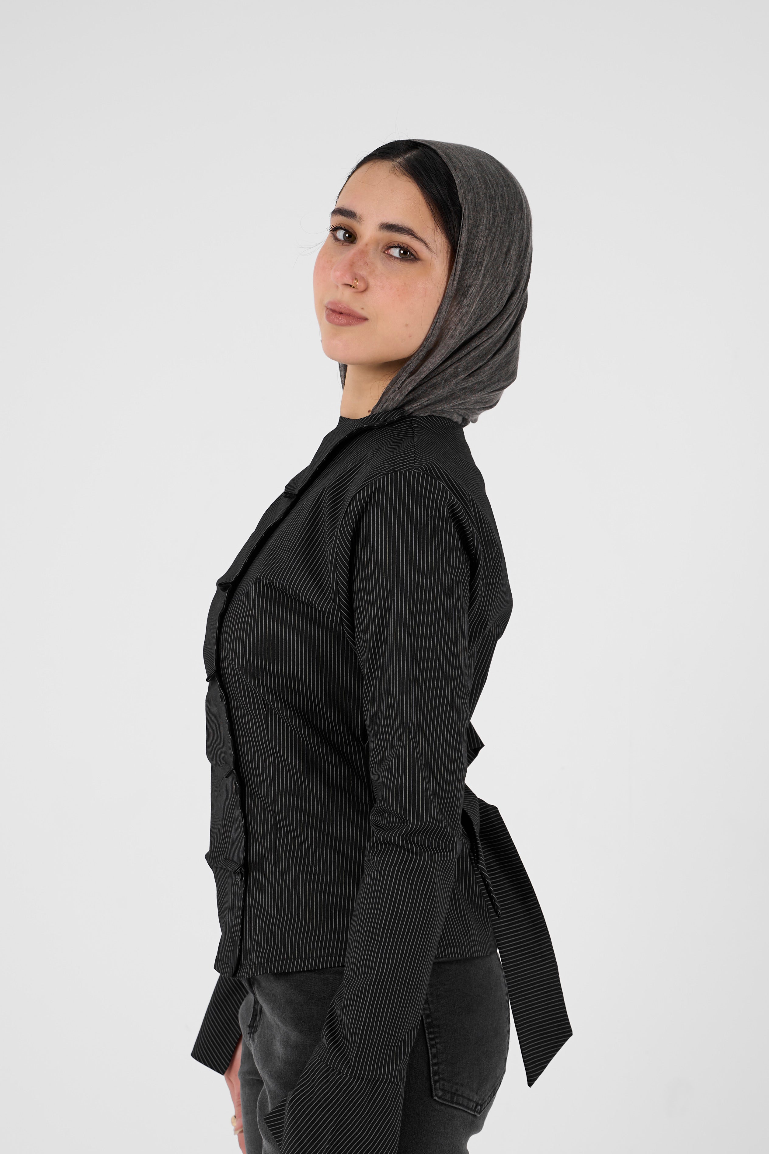 Plaid blouse with side buttons - navy blue