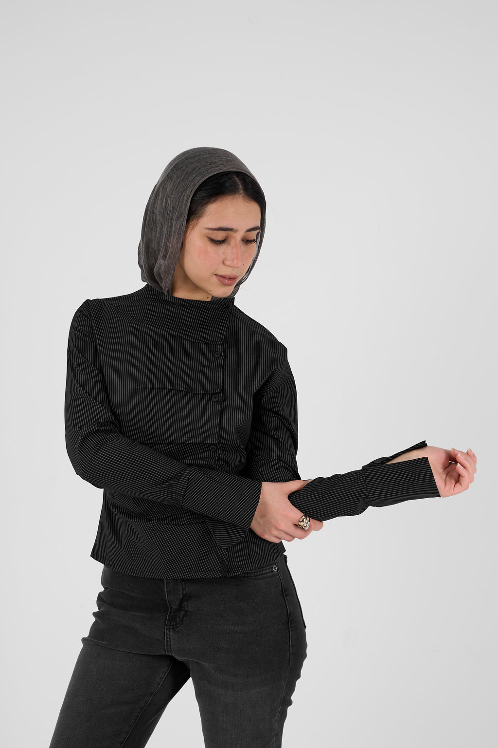 Plaid blouse with side buttons - black
