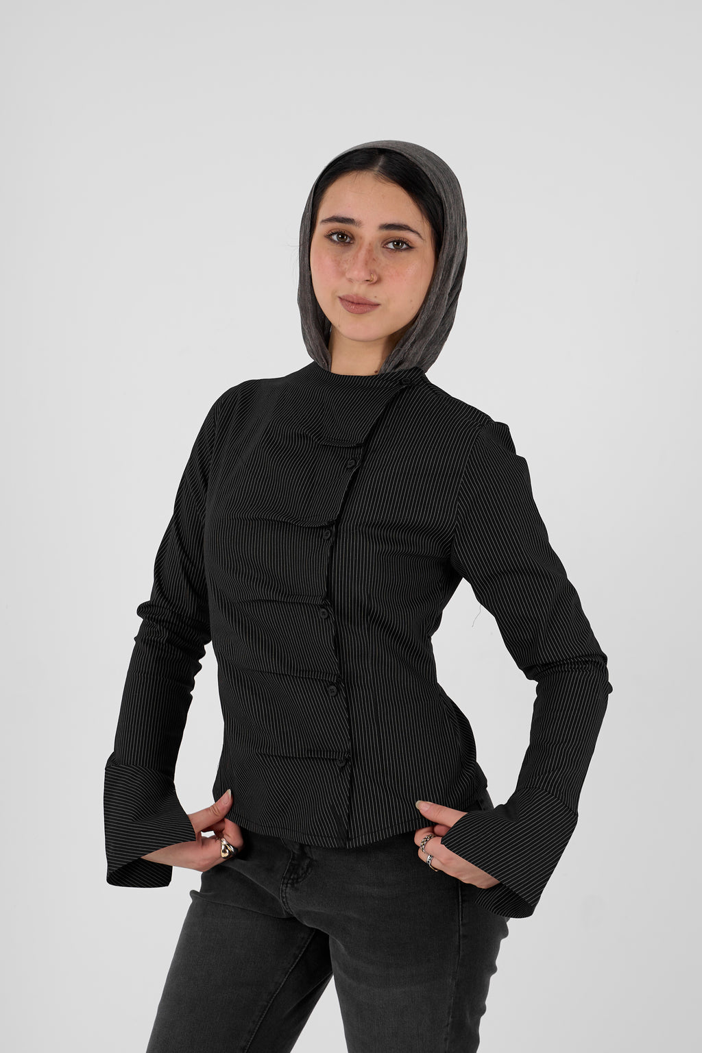 Plaid blouse with side buttons - black