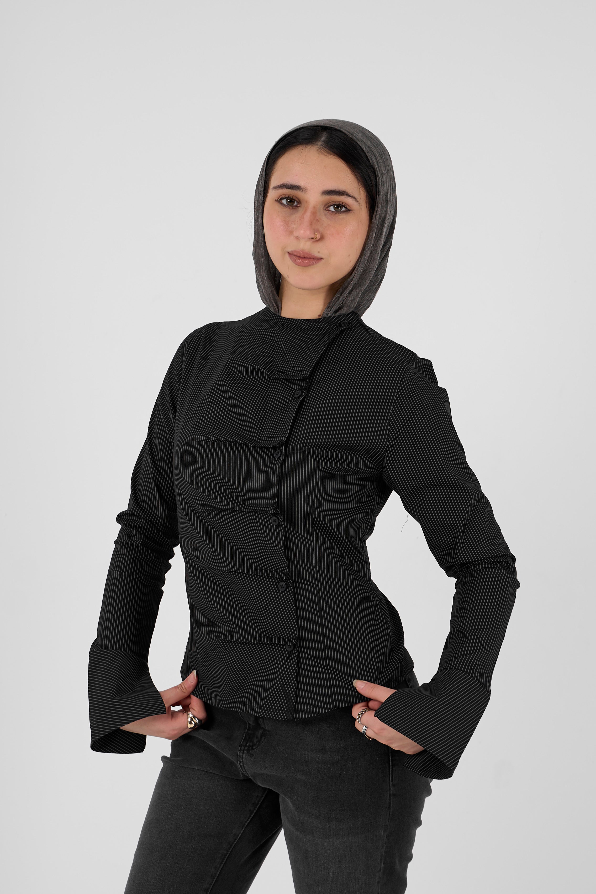 Plaid blouse with side buttons - black