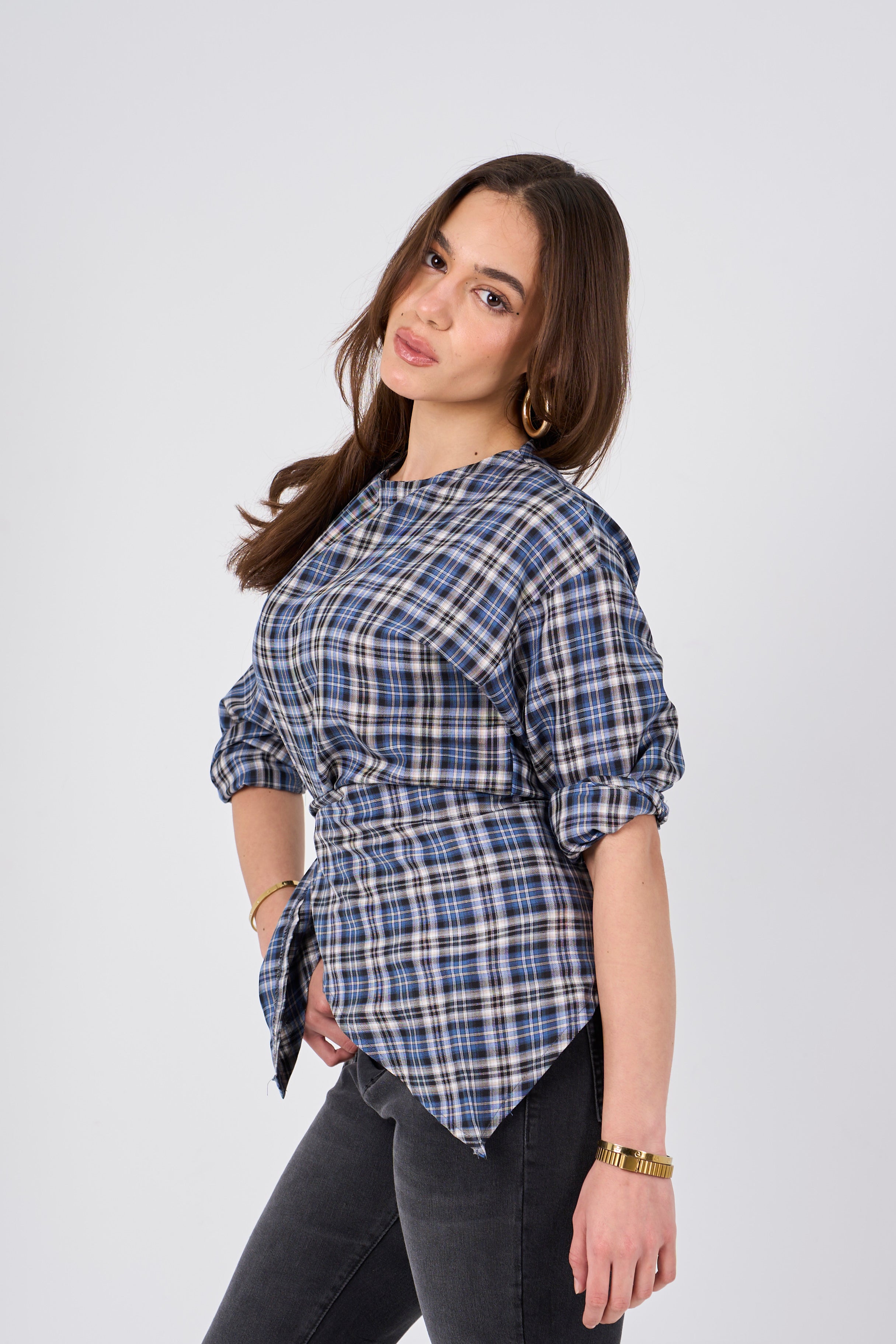 Triangle Scarf blouse - grey X blue