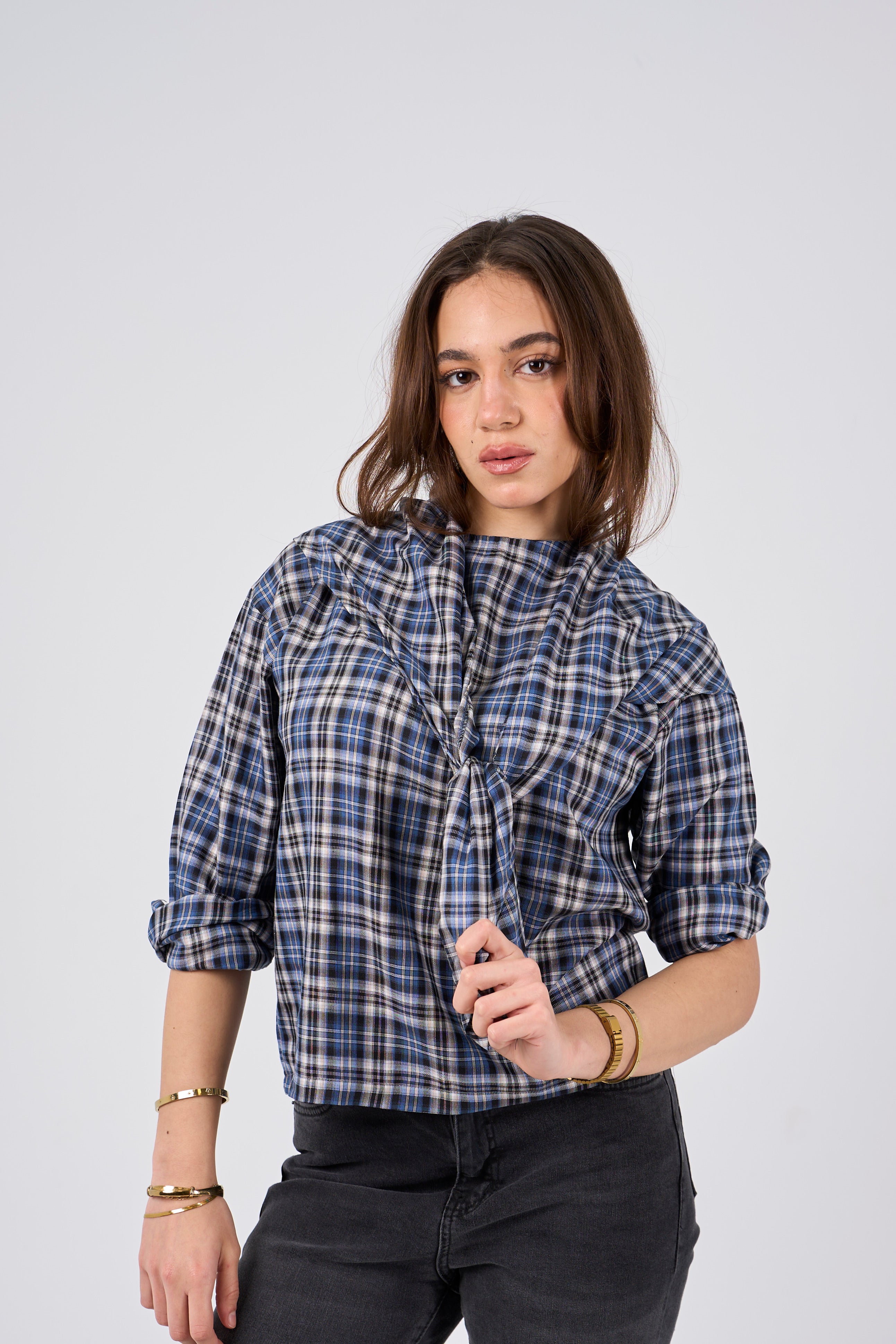 Triangle Scarf blouse - grey X blue