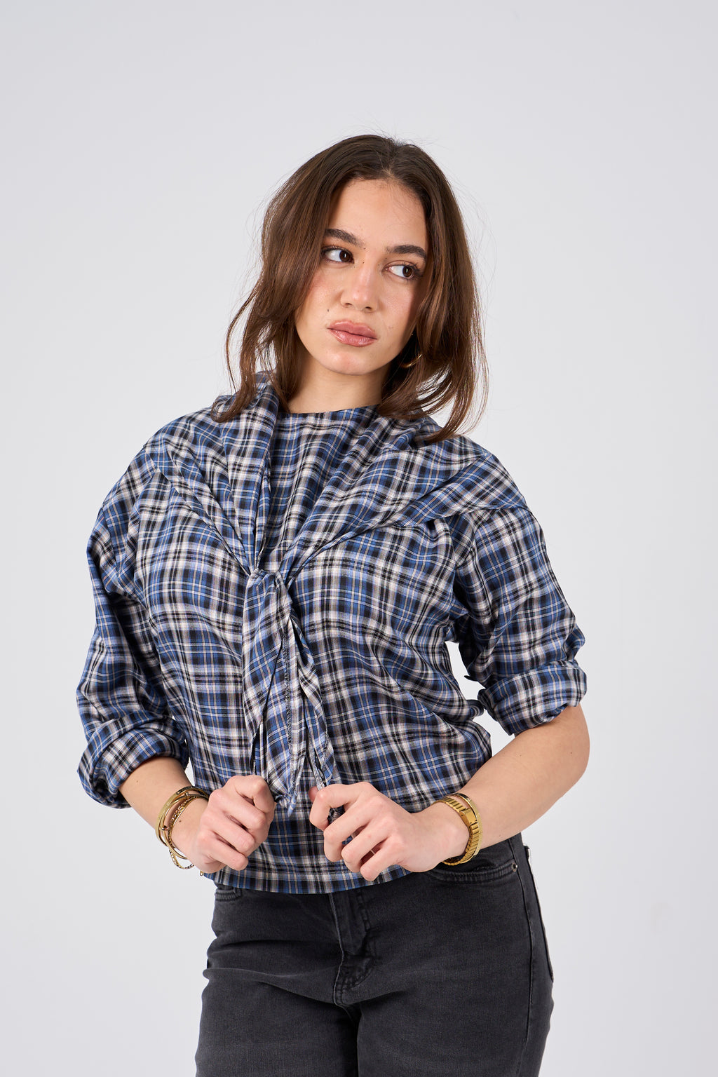 Triangle Scarf blouse - grey X blue