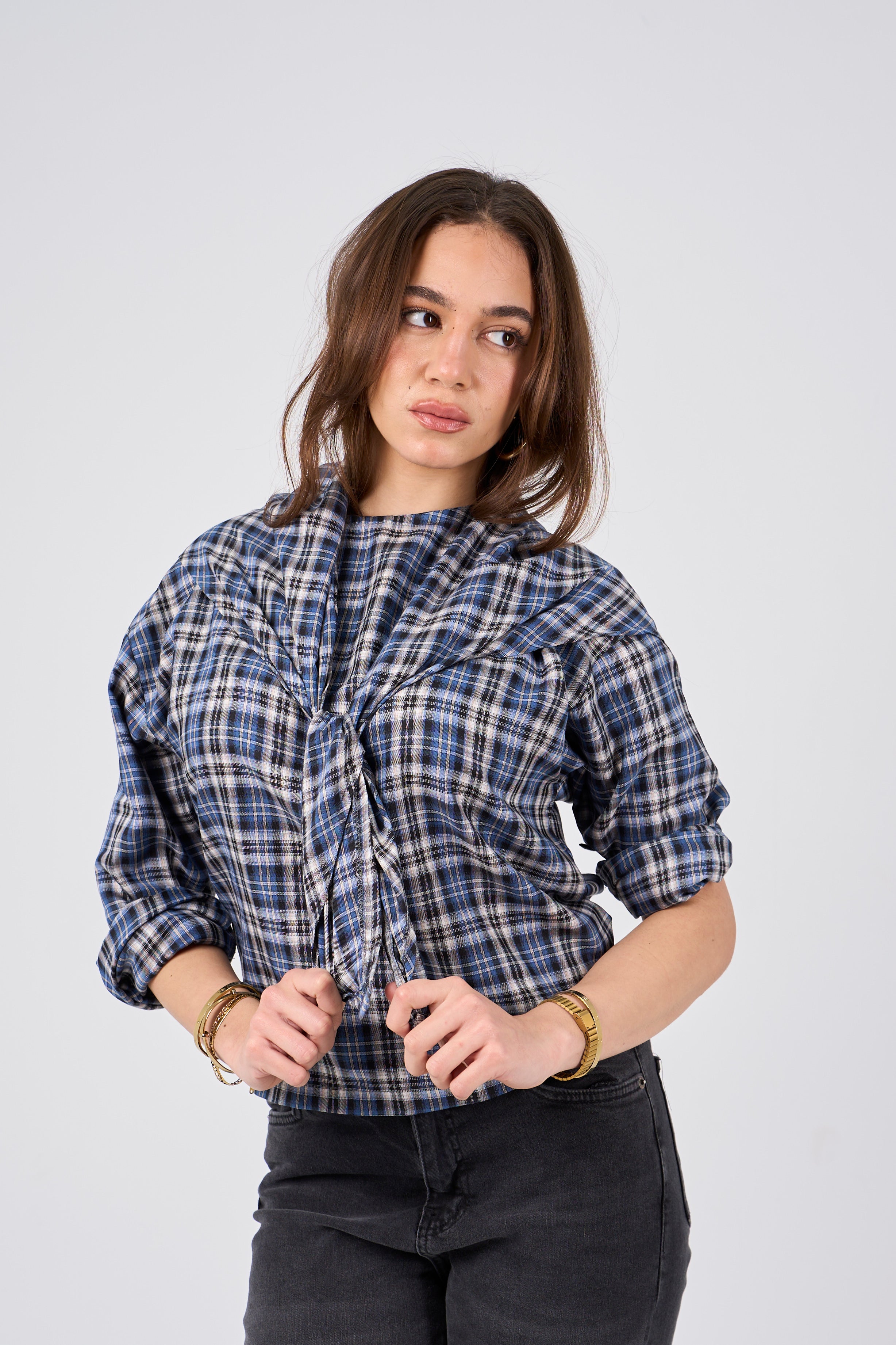Triangle Scarf blouse - grey X blue