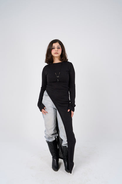 Side Slit long blouse - Black