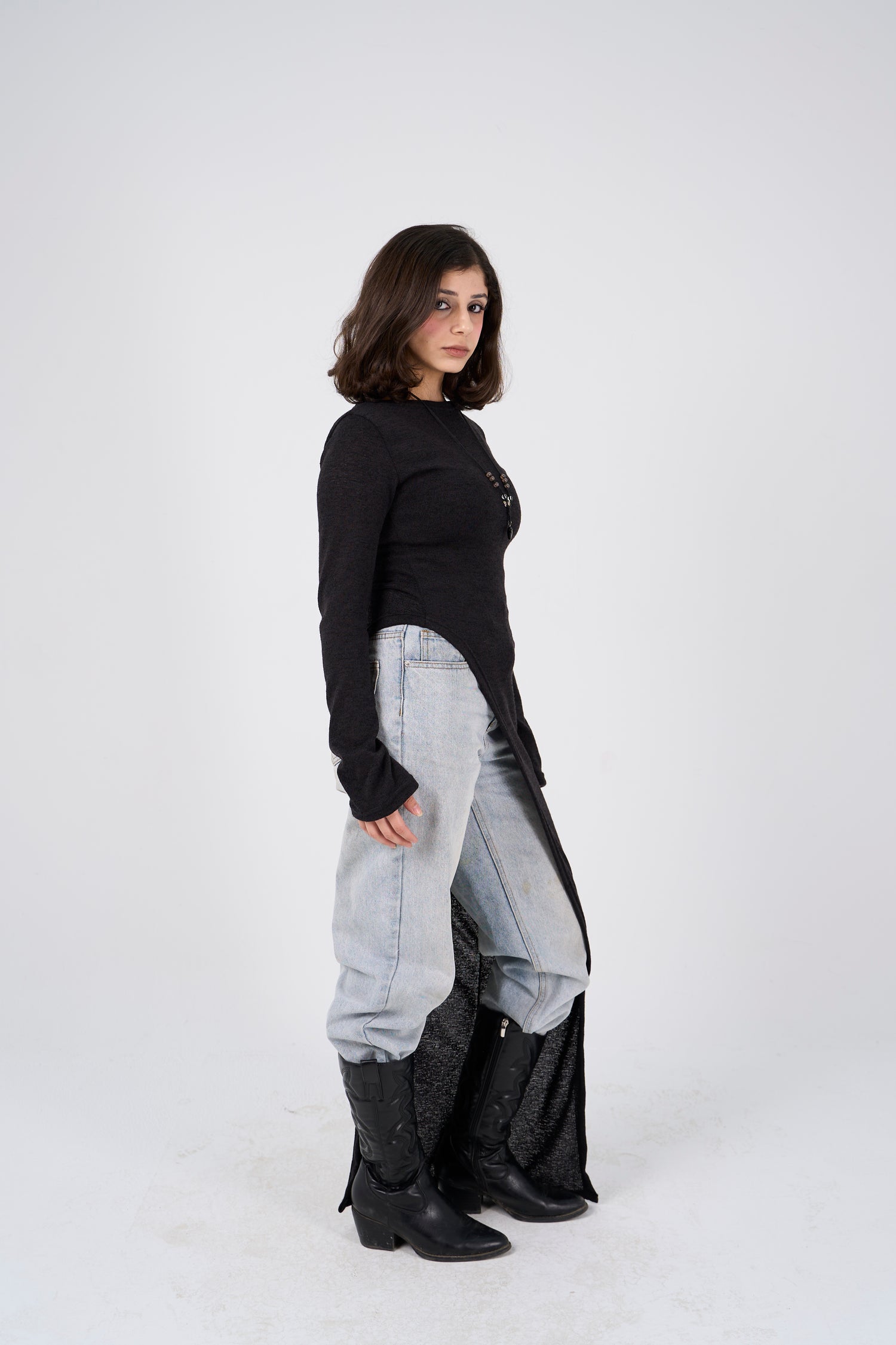 Side Slit long blouse - Black
