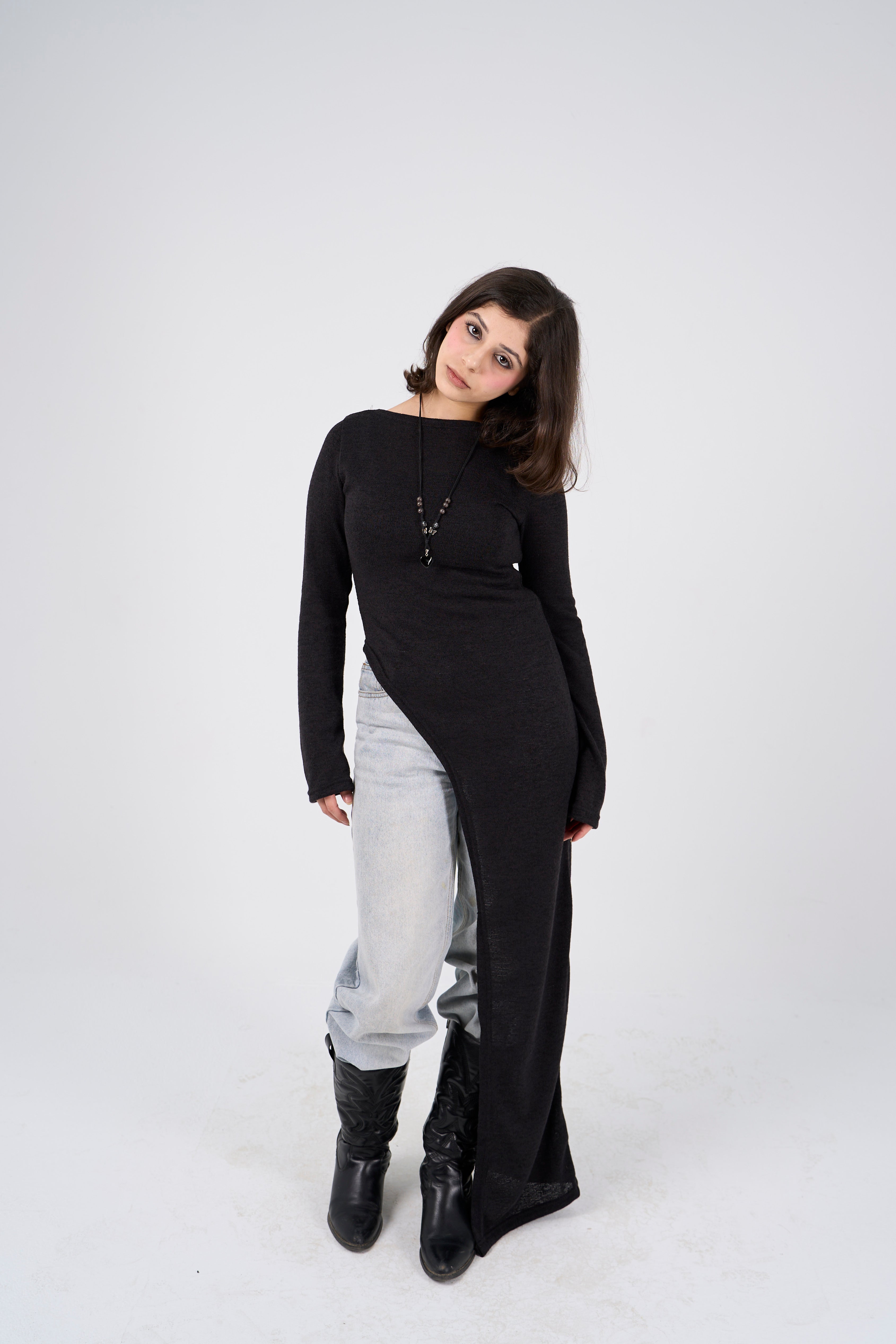 Side Slit long blouse - Black