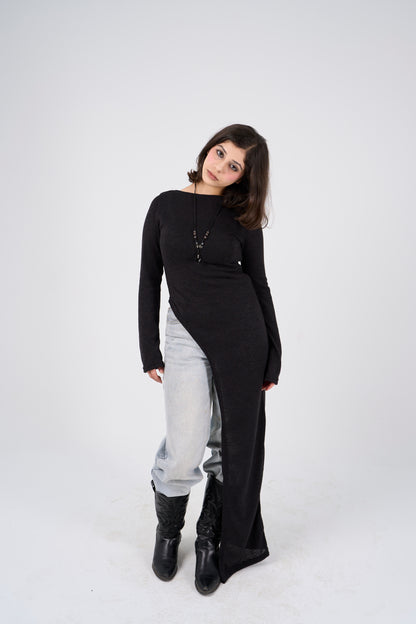 Side Slit long blouse - Black