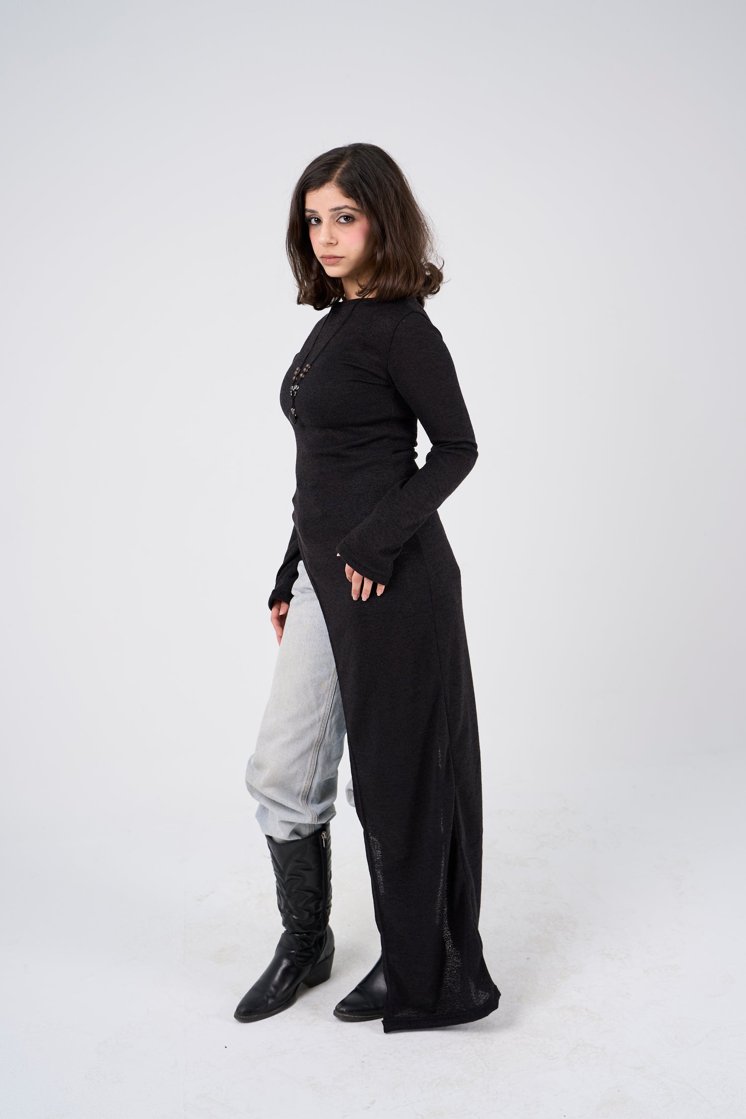 Side Slit long blouse - Black