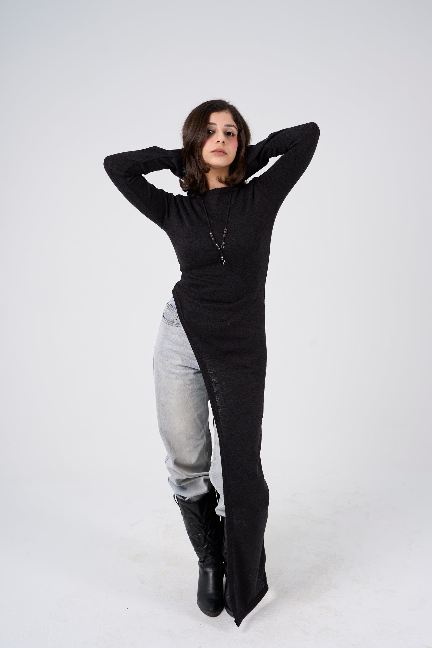 Side Slit long blouse - Black