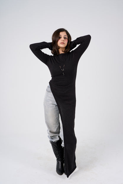 Side Slit long blouse - Black