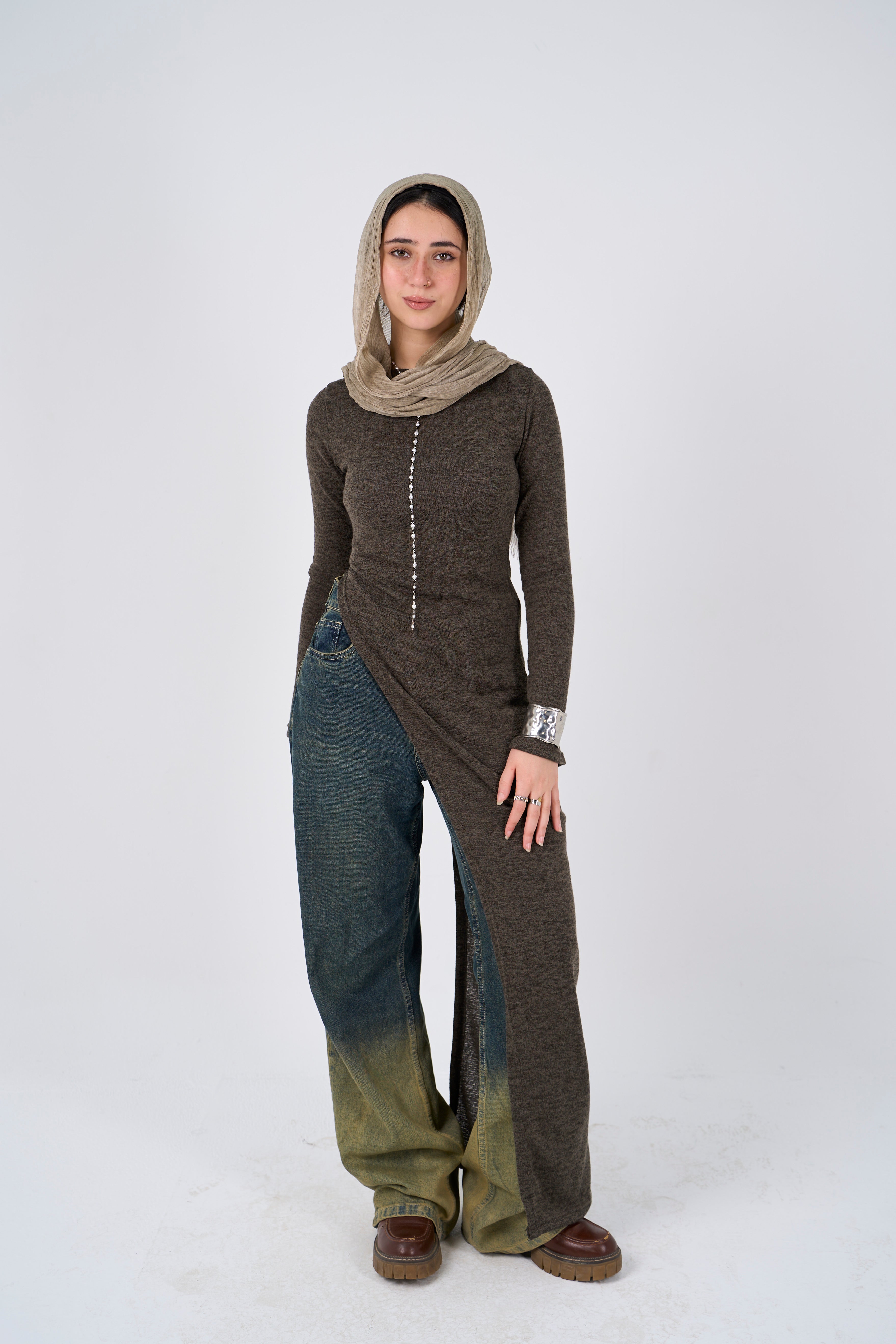 Side Slit long blouse - Olive