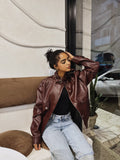 Long neck leather jacket - burgundy