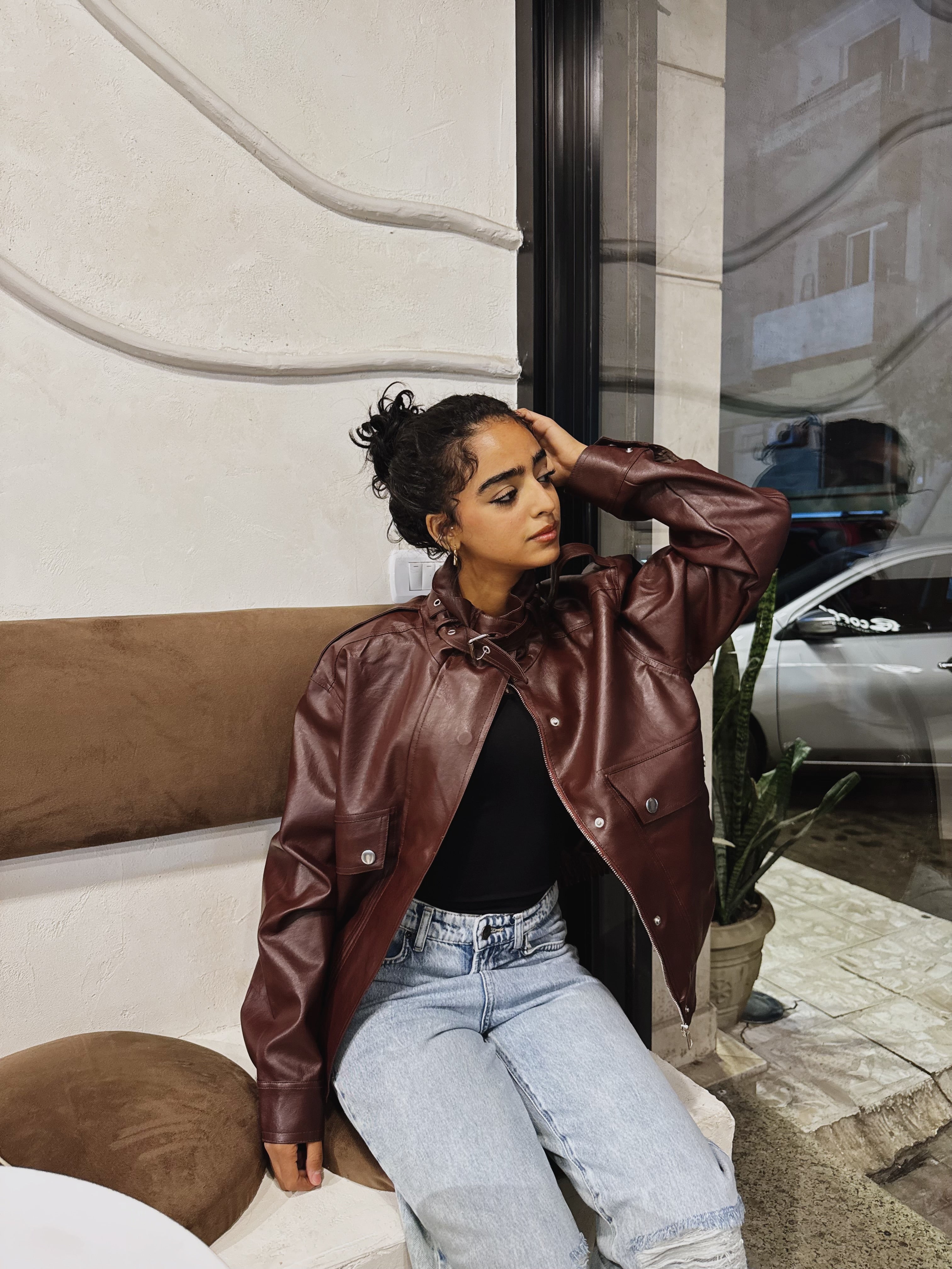 Long neck leather jacket - burgundy