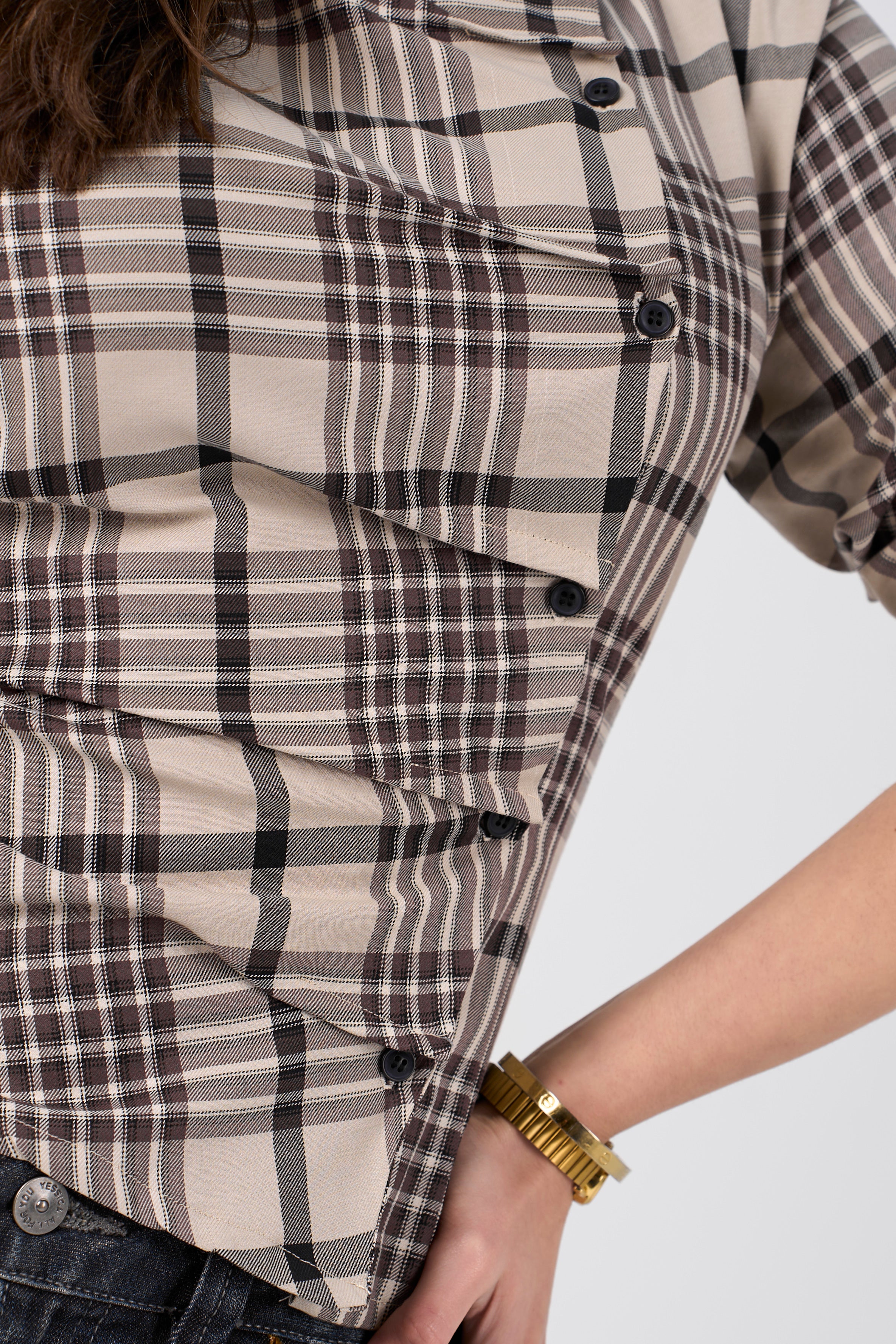 Plaid blouse with side buttons - beige