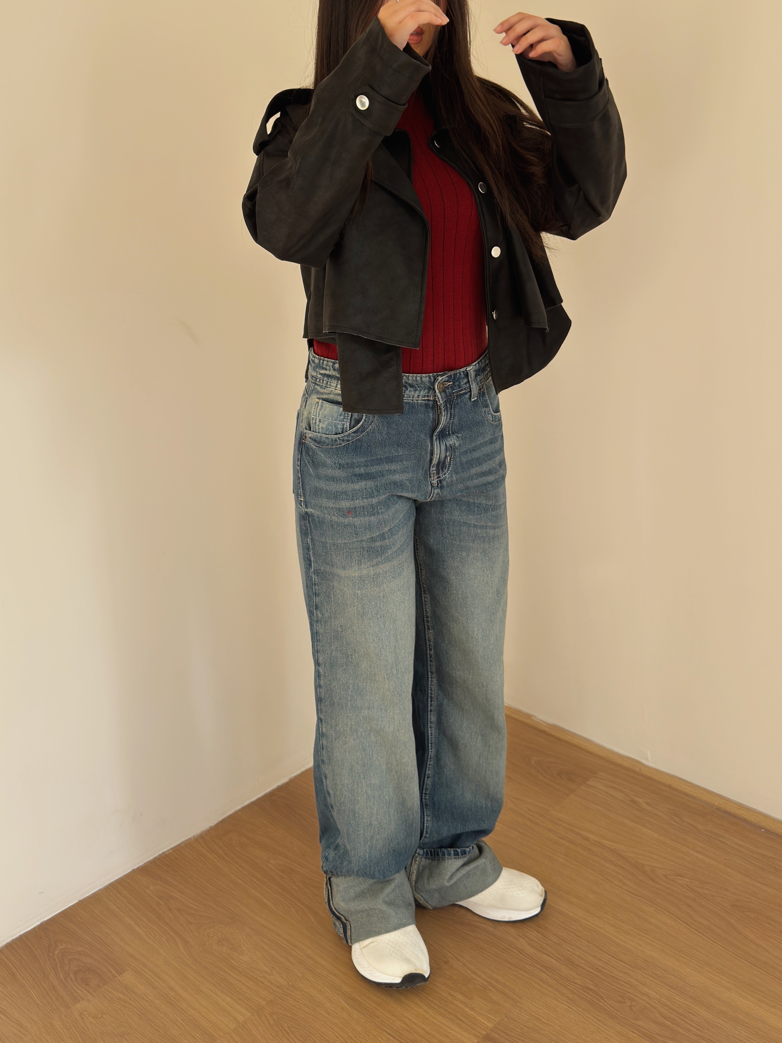 Cut-off ballon leather jacket