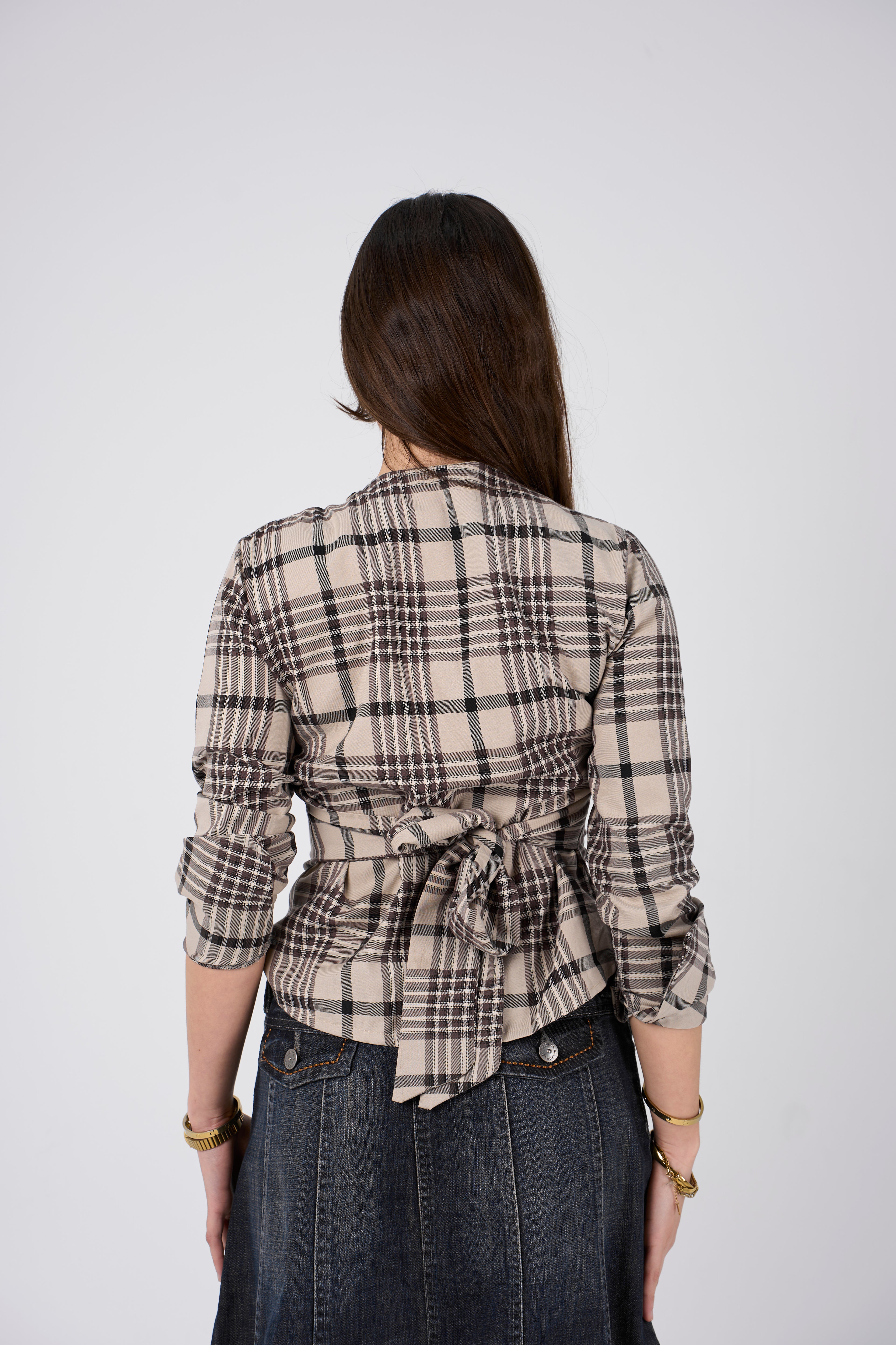 Plaid blouse with side buttons - beige