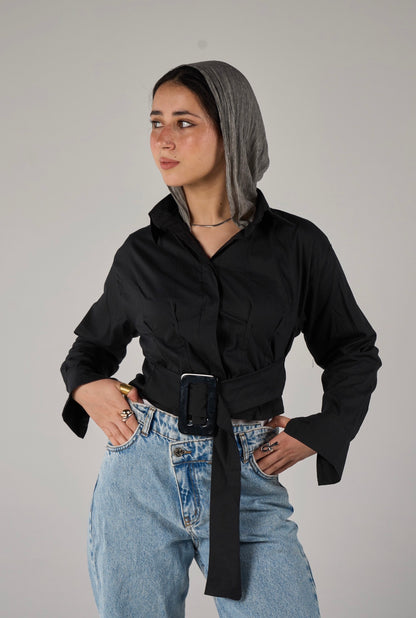 Shirt with belt - black