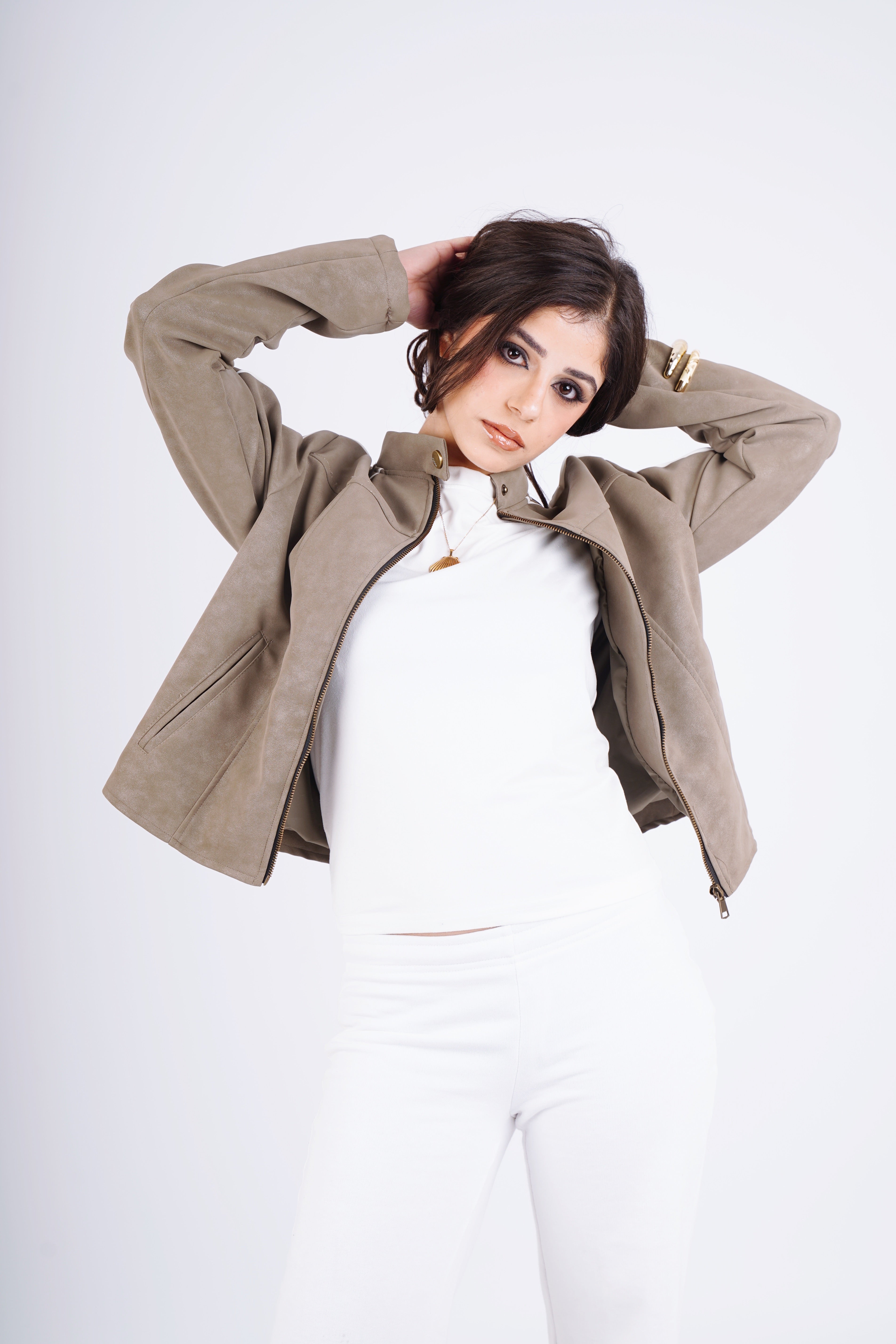 Biker leather jacket - olive