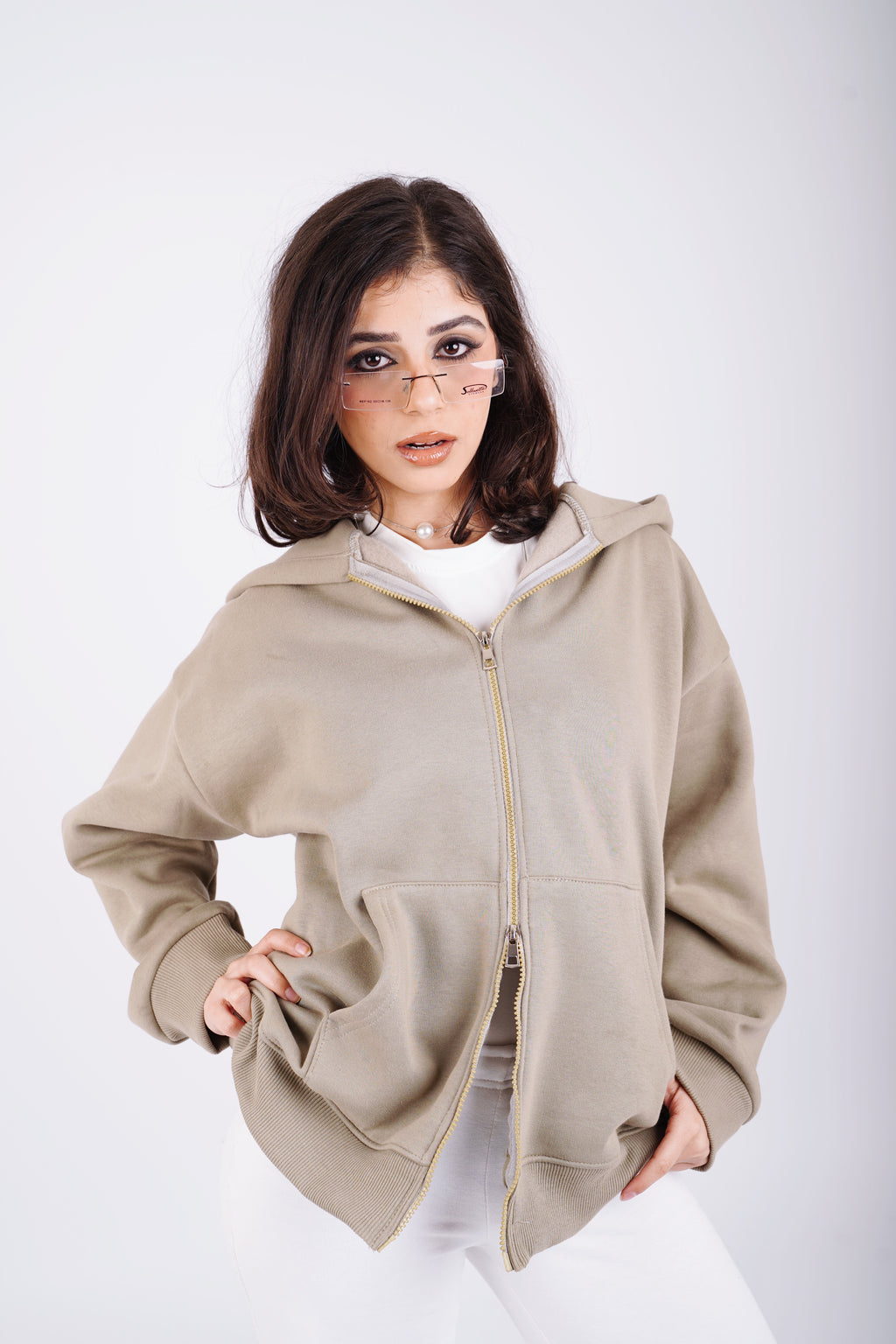 Embroidered sweatshirt full zip - olive mist