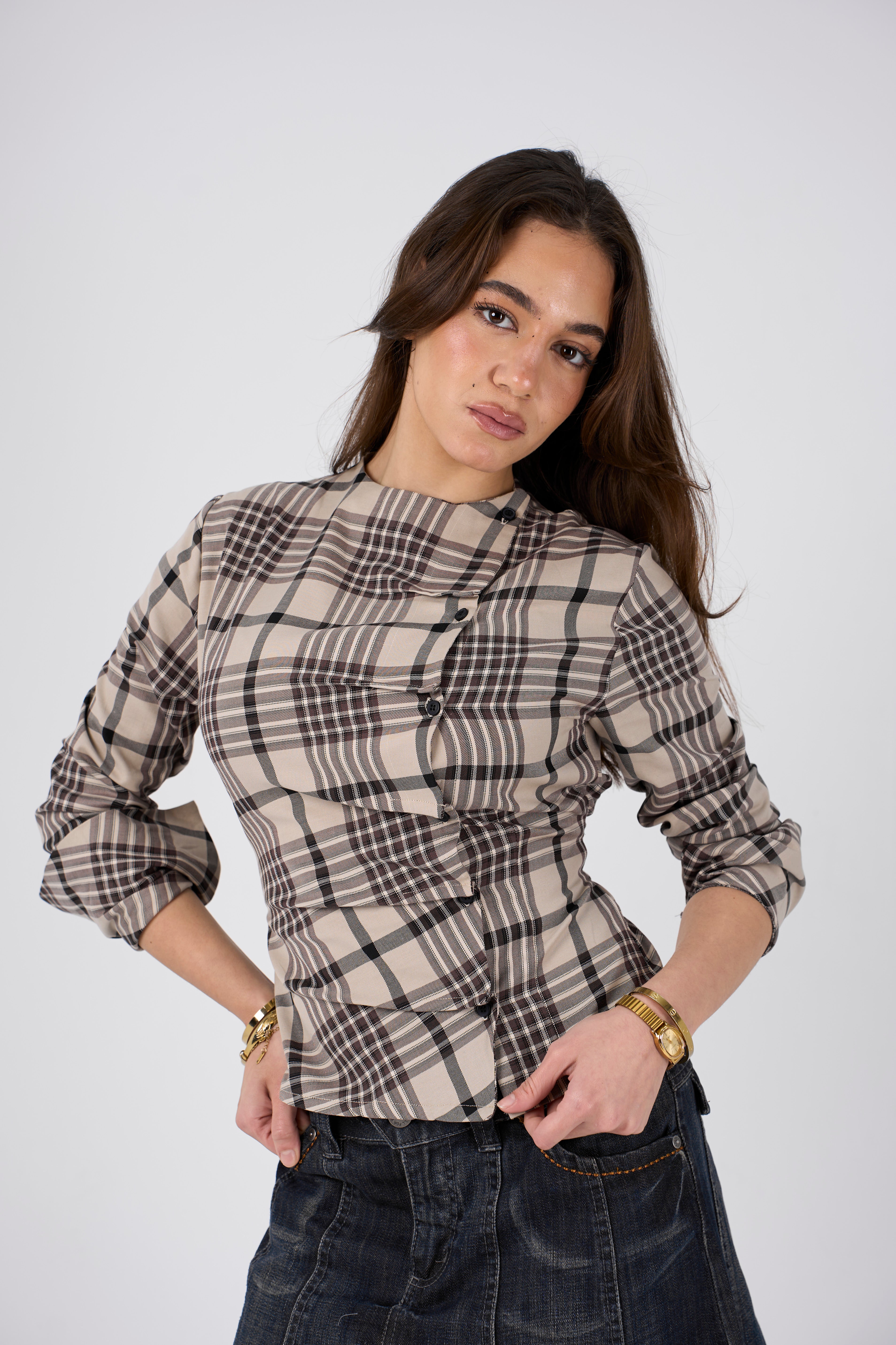 Plaid blouse with side buttons - beige