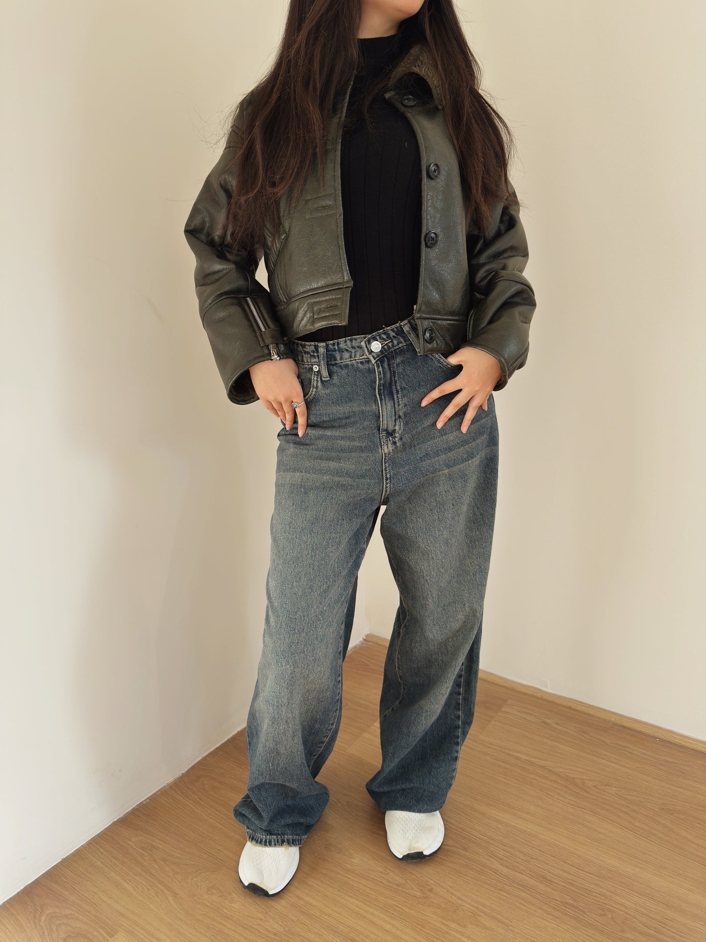 Cropped leather X teddy jacket