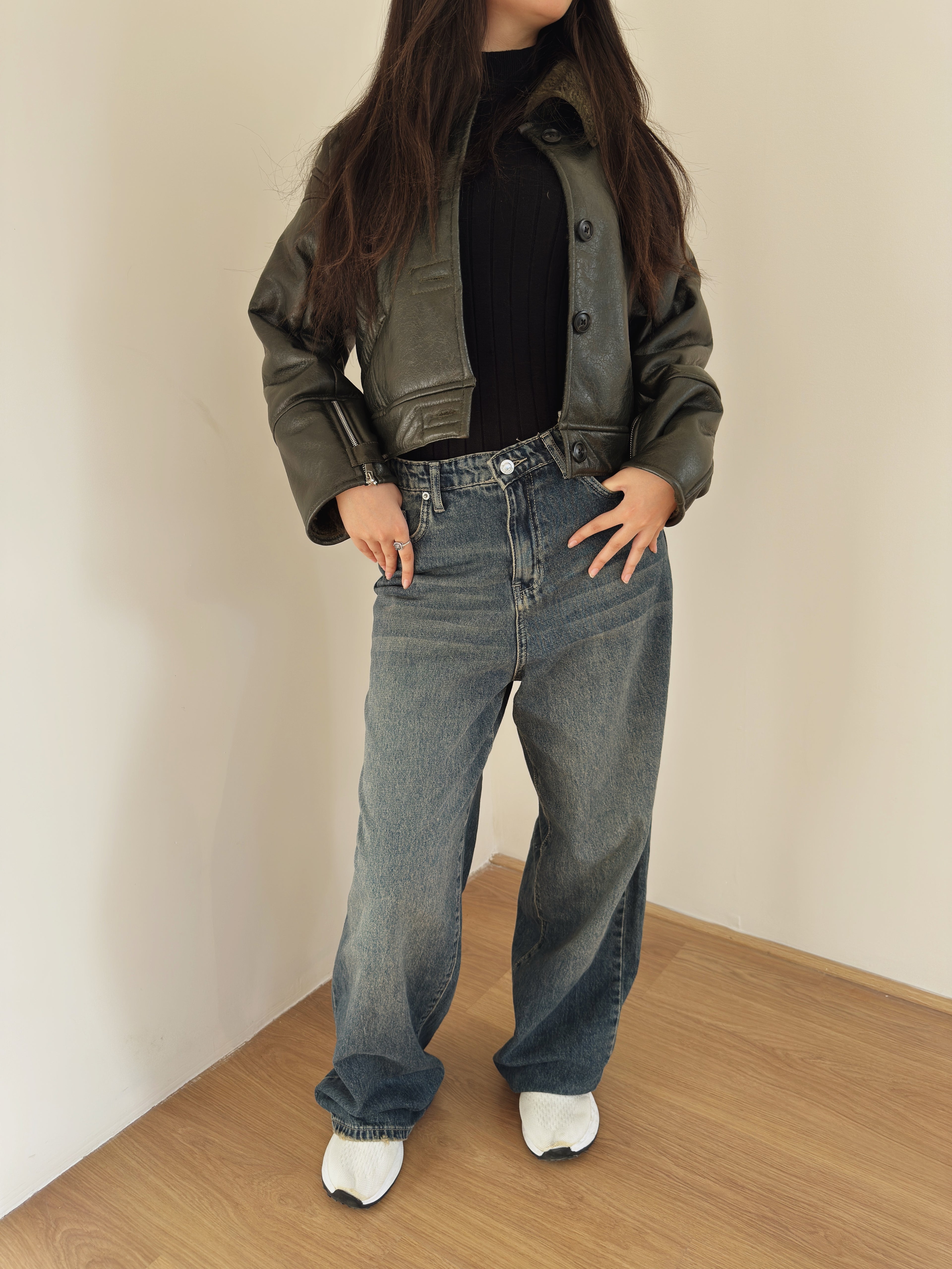 Cropped leather X teddy jacket